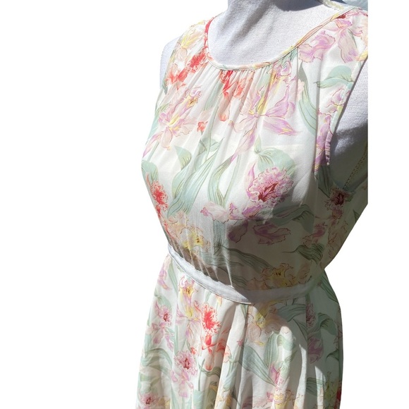 Ann Taylor A-Line Sleeveless Midi Dress in Beige and Floral Pattern Size 0 - Picture 3 of 7